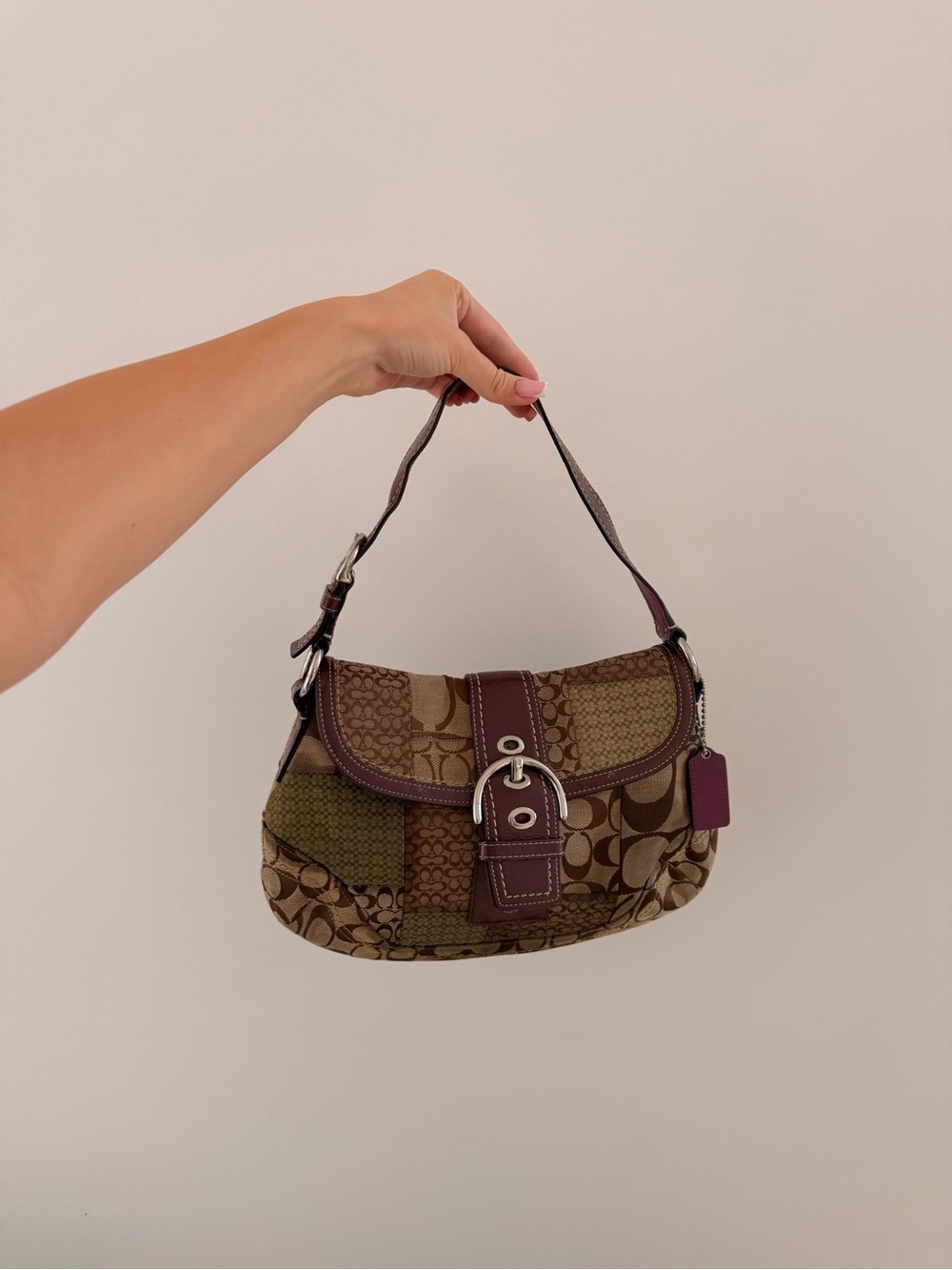 Coach Brown Patchwork SoHo Shoulder Bag with Plum Trim